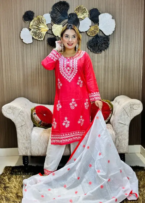 Embroidery Cotton Three Piece - Soft & Stylish Set