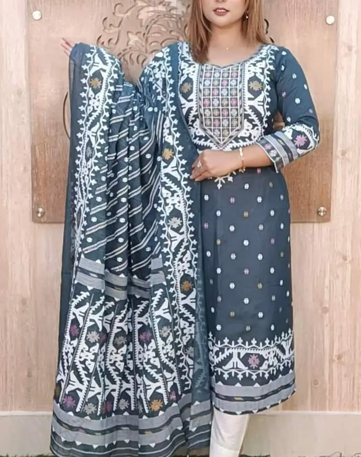 আনস্টিজ আফসান স্ক্রিন প্রিন্ট থ্রি-পিস - Vibrant Color Palette