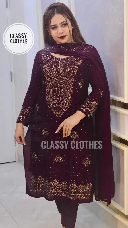 Luxury Stone Work Three Piece Dress - 2 Colors