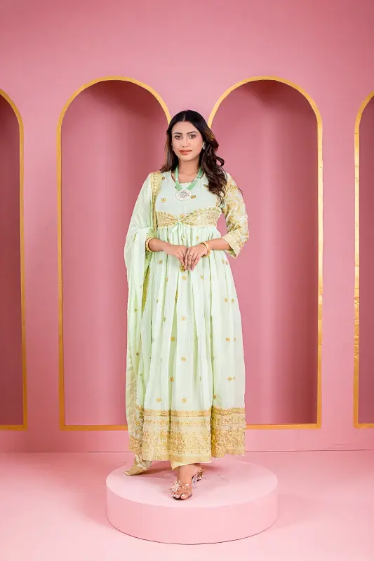 সেমী স্টিচড জর্জেট এমব্রয়ডারি লং ফ্লোর টাচ আনারকলি পার্টি ড্রেস