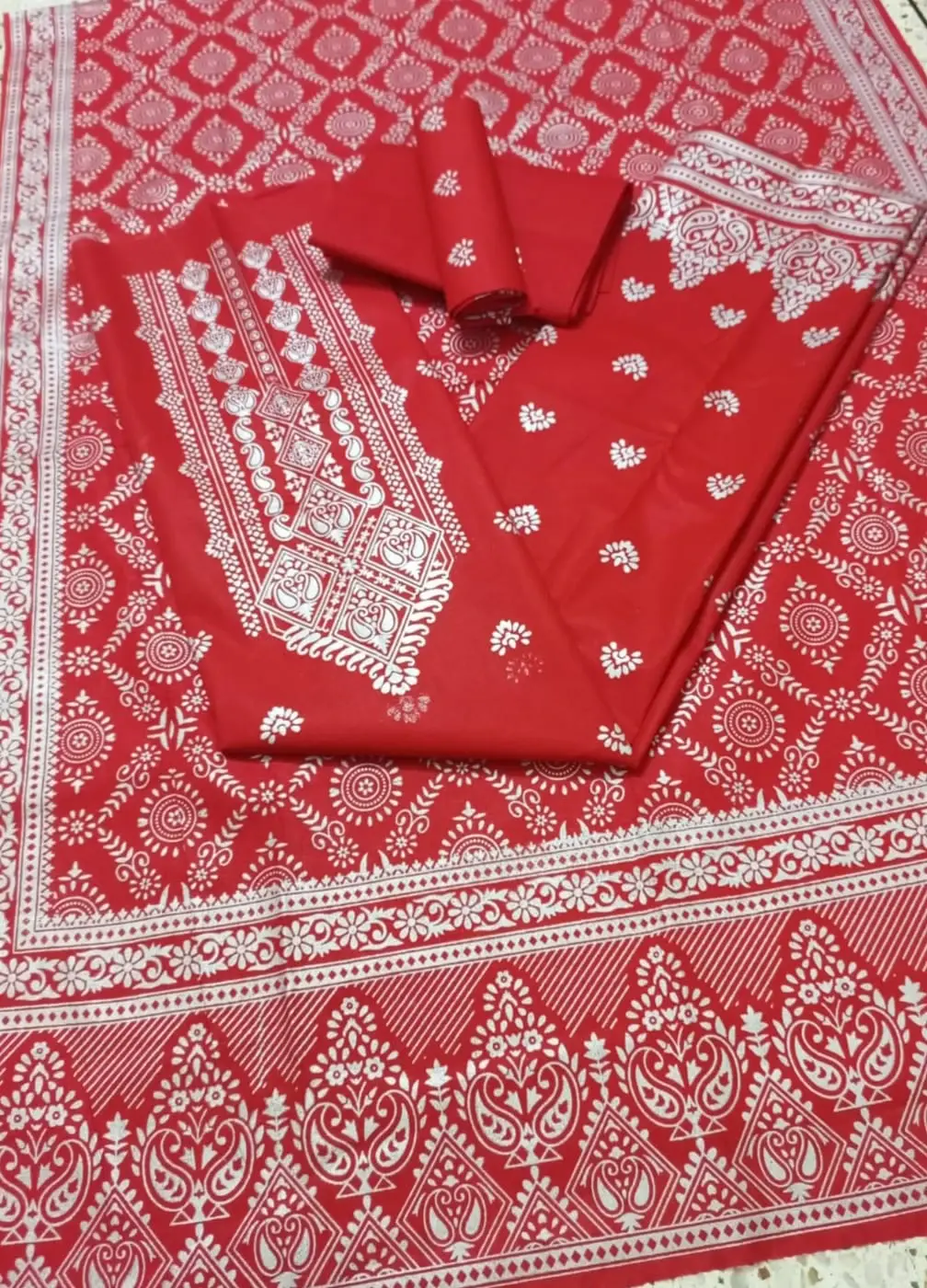 কাতান স্ক্রিন প্রিন্ট থ্রি পিস (সাদা গ্লিটার) - Dazzling Everyday Wear