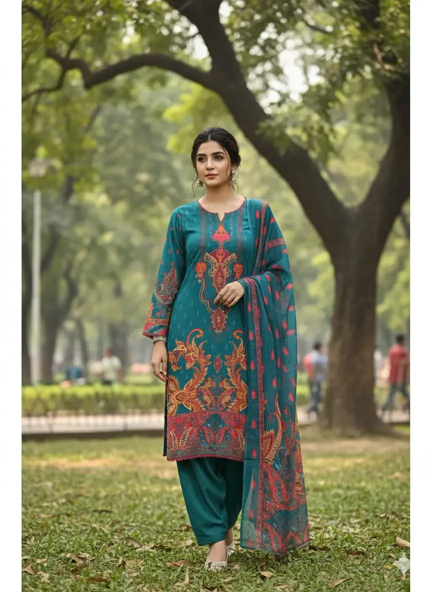 Ready Made Pure Dubai Silk Digital Print Three Piece - Vibrant Look