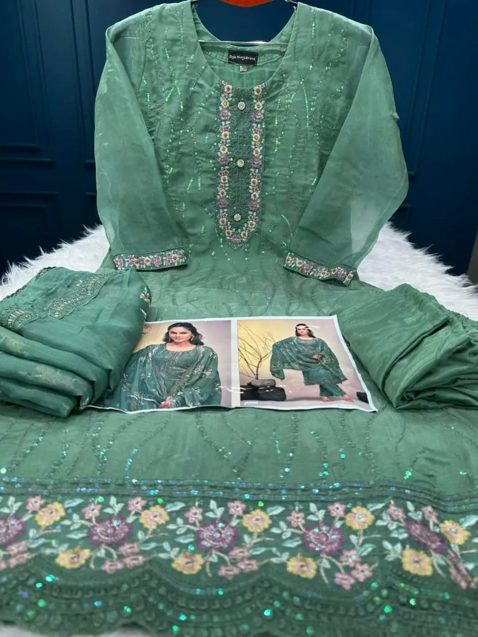 Pakistani White Gold Jorjet Three Piece - Stunning Elegance