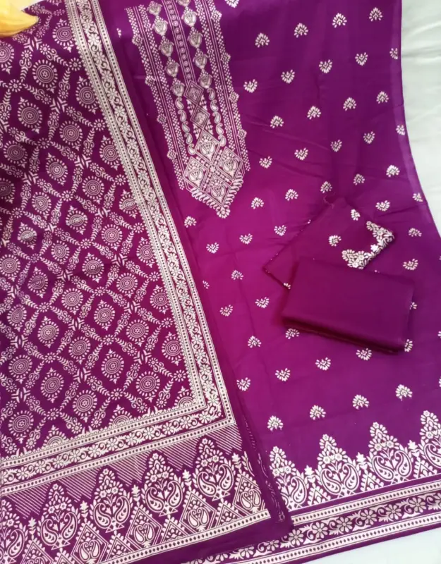 কাতান স্ক্রিন প্রিন্ট থ্রি পিস (সাদা গ্লিটার) - Sophisticated Sparkle Choice