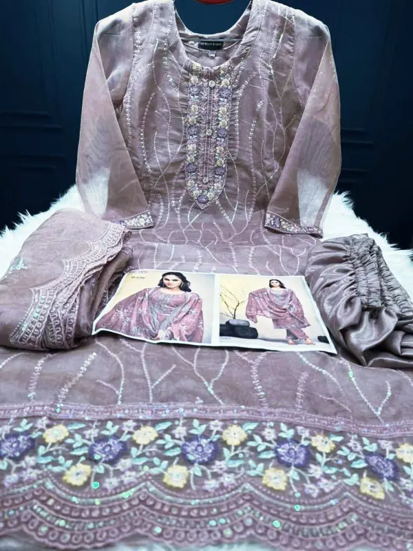 Pakistani White Gold Jorjet Three Piece - Glamorous Look