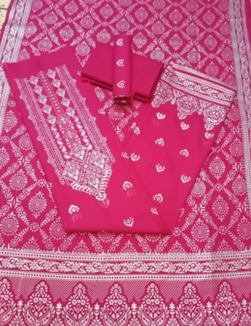 কাতান স্ক্রিন প্রিন্ট থ্রি পিস (সাদা গ্লিটার) - Luxurious Glitter Ensemble