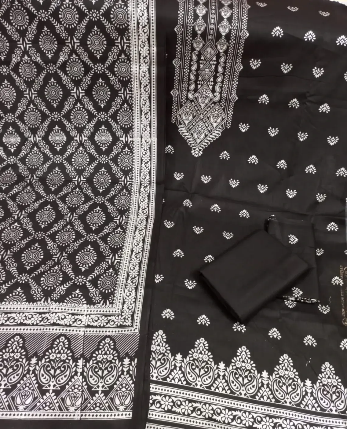 কাতান স্ক্রিন প্রিন্ট থ্রি পিস (সাদা গ্লিটার) - Unique Glittery Style